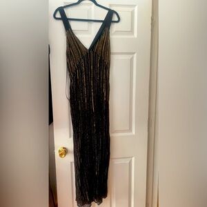 NWT ZARA Sequined Strappy Midi V-Neck Dress Black/Gold-colored 7521/267 S